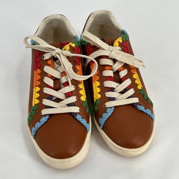 Coach Lowline Low Top Sneaker Size 6 With Rainbow Crochet Brown Leather - Picture 1 of 15
